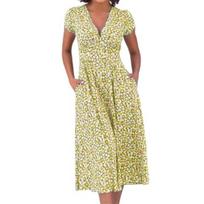 Bohemia Style Midi Dress V-neck Short Sleeve High Waist Women Dress with Pockets M geltona