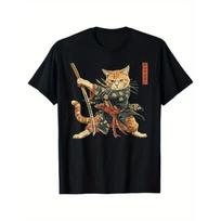 Europos dydžiai Vyriški Samurai Katino Ninzės Marškinėliai, Kawaii Anime Manga Stiliaus su Kanji Warrior Spaudiniu 4XL juoda