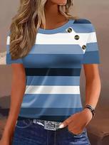 Womens Casual Striped Button Decor Short Sleeve T Shirt S mėlyna