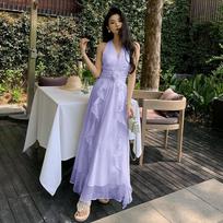 Sleeveless Collar Neck Gentle Temperament Fungus Edge Backless Dress Beach Dress S violetinė
