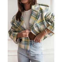 Women's Fashionable British Loose Suit Ladies Caudal Suit Collar Plaid Printed Long Sleeved Woolen Double Breasted Jacket XXL mėlyna