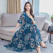 Women's Floral V-Neck Dress: Knee-Length with Trumpet Sleeves 2XL mėlyna