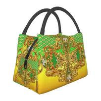 Golden Ornamental Baroque With Black And White Geometric  Insulated Lunch Bags Portable Cooler Thermal Bento Box Women 28x17x16CM smėlis