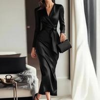 Women's Fashionable Graceful - Long-Sleeved Solid-Colour Tie-Waist Dress XL juoda