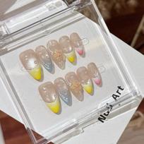 Almond Press On Nails with Nude Base & Colorful Gradient, Handmade 3D Sakura & Water Drop False Nails, Daily Wear Nail Art for Girls XS