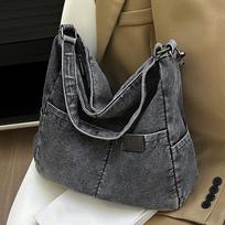 Vintage Denim Shoulder Bag Women's Large Capacity Messenger Bag Multi-pockets Satchel Adjustable Strap Ladies Crossbody Bag CLE 30x10x32cm juoda