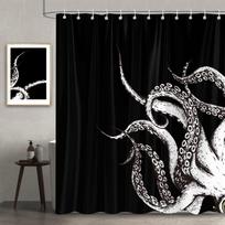 Gotinis aštuonkojis dušo užuolaida, Juokingas juodai baltas vandenyno gyvūnas vonios dekoravimo rinkinys, Vandeniui atsparios poliesterio tualeto reikmenys 90x180cm white