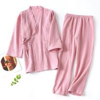 Spring and Summer Cotton Yukata Japanese Kimono Pajamas Suit Ladies Three-quarter Sleeve Trousers Home Service Suit M rožinė