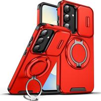 Magnetic Ring Holder Phone Case For Samsung Galaxy S26 S25 S24 S23 Ultra FE Plus 5G Slide Lens Protection Shockproof Armor Cover Galaxy S25 raudona