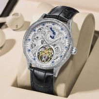 Vyriški mados dizaino arklių laikrodžiai Odinis dirželis Automatiniai mechaniniai laikrodžiai Vyriški prabangūs Tourbillon riešiniai laikrodžiai juoda