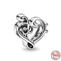925 Sterling Silver Music Note Guitar Piano Heart Charm Bead Bracelet DIY Jewelry for Women gray
