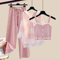 Knitted Suspender Vest Plaid Panel Sunscreen Chiffon Shirt Wide Leg Pants Three-piece Elegant Women Pants Set Summer Outfits XXXXL white