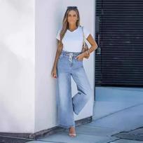 High Elastic Waist Women's Wide-Leg Flare Jeans - Y2K Style (2026) S šviesiai mėlyna spalva