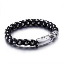 Retro Geometric Stainless Steel Black Leather Rope Braided European Ethnic Style Individuality Bracelet For Men 22cm