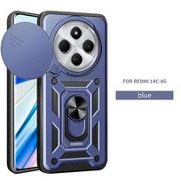 14C magnetinio žiedo stovo laikiklis, šarvai kietas dangtelis, skirtas Xiaomi Redmi 14C 4G 14 C 14R smūgiams atsparus slankiojančio objektyvo fotoaparato apsaugos telefono dėklas For Redmi 14C 4G mėlyna