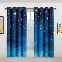 Blue Galaxy Window Curtains Space Planet Semi Blackout Curtain Universe Stars Drapes for Bedroom Starry Forest Cortinas 2pcs (50Wx50H)x2(CM)&Rod Pocket