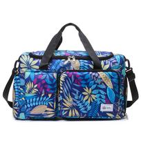 Oxford Fabric Travel Duffel Bag with Leaf Print Multiple Pockets Waterproof Gym Weekender Bag mėlyna