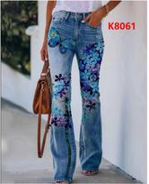 2026 Plus Size Women's Faux Denim Floral Flare Casual Pants S