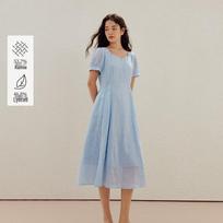 Inman French Square Neck Cinched Waist Short Sleeve Dress XL mėlyna