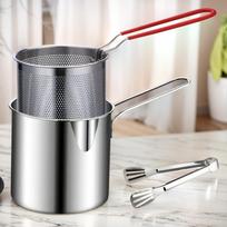 Tempura Fryer Pan with Strainer & Food Tongs Stainless Steel Milk Warmer Pot Portable Cooking Pot for Kitchen Fried Chicken China Mainland