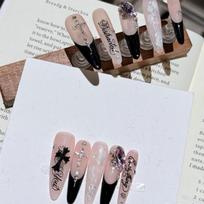 10Pcs Handmade Nude & Black French Fake Nails with, Letter Print & Rhinestone Accents XS
