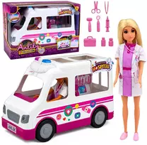Lean Toys Lėlė su greitosios pagalbos automobiliu balta ir rožinė