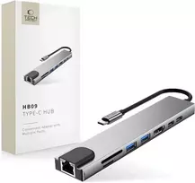 Tech-Protect HB09 USB hub 8in1 TYPE-C + USB-A 3.0 + USB-C 3.0 + HDMI 4K 60HZ + SD/TF + PD100W + RJ45 1000MB/S - pilka