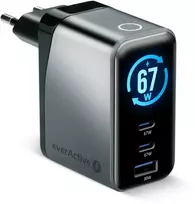Įkroviklis - everActive SC-670Q Pro 67W 1xUSB-A 2xUSB-C, LCD Ekranas, Juoda