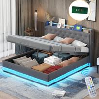 LED polsterbett 160x200 cm, USB, hidraulinė, linas, pilka