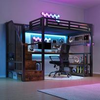 Aukštutinė lova, plienas, 90x200 cm, stalas, LED, USB, 3 dėžės