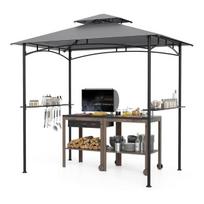 Costway BBQ pavėsinė su dvigubu stogu ir 2 šoninėmis lentynomis ir 6 kabliukais sodo pavėsinė BBQ pavėsinė 242 x 150 cm