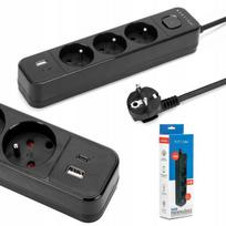 Prailginimo laidas 3 lizdai, 2x Usb-a/c, 5m, juodas, 2300w