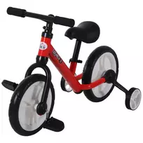 Vaikiškas balansinis dviratukas su treniruočių ratukais ir pedalais, 2-5 metų, reguliuojamo aukščio sėdynė, raudonos spalvos