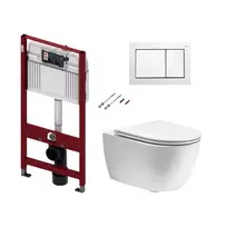 Potinkinio WC rėmo komplektas Tece Base su baltu WC mygtuku ir Simas Trevi Rimless su Soft Close dangčiu puodu