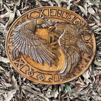 Viduramžių medinis vikingų rankų darbo skydas Eivor Valhalla Varnas Autentiškas mūšyje naudotas vikingų medinis skydas brown