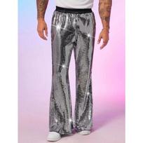 Men's Metallic Silver Flare Pants Shiny Grid Print Elastic Waist Bell Bottom Trousers S sidabras