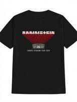 Rammstein Europos stadiono turas 2024 Grafinis marškinėlis - Juodas grupės marškinėlis su raudonomis spinduliuojančiomis linijomis ir stadiono silueto atspaudu S įvairiaspalvis