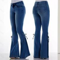 Flare Pants for Women Vintage Jeans Lace Up Stretch Mid Waist Skinny Distressed Washed Streetwear Female Denims Trousers XXS tamsiai mėlyna spalva