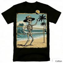 Vintage Skeleton Beach Volleyball Graphic T-Shirt Net Wave Palm Print Cotton Short Sleeve Casual Unisex Tee S įvairiaspalvis