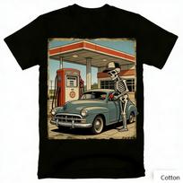 Vintage Skeleton Gas Station Graphic T-Shirt Classic Car Pump Print Cotton Short Sleeve Casual Unisex Tee Retro Road Trip S įvairiaspalvis