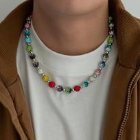 SHIXIN Hip-hop Colorful Rhinestones Round Ball Beaded Choker Necklace Men Trendy Adjustable Collar Chain Y2K Jewelry Accessories