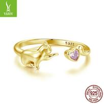 Pink Love Cat Open Ring, Sweet And Cute Animal S925 Sterling Silver Ring Ring. Opening adjustable auksas