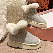 Crystal Fur Ankle Platform Women Snow Boots Luxury Flats Plush Cotton Shoes Designer Winter Trend Cozy Warm Non Slip Botas Mujer 35 smėlis