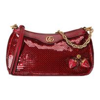 Gucci susikertantis dvigubas G kristalais ir braškių blizgučiais apdailos odinė petinė rankinė Moteriška petinė rankinė Raudona 735132-FAB08-8470 Basic Set (Bag+Dust Bag)