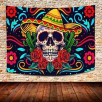 Trippy Skull Tapestry Psychedelic Mexican Sugar Skull Tapestry Botanical Flower Cactus Peach Skin Fabric Wall Art Tapestries for 74x94cm(29x37in)