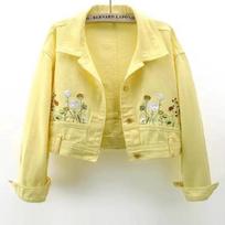 French Yellow Embroidered Long-sleeved Denim Jacket Women's Spring and Autumn New High-grade Fashion Joker Casual Short Coat. XS geltona