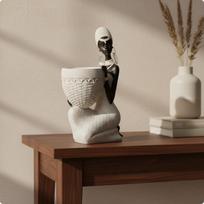 African Woman Tray Statue Light Luxury Ornamental Handcrafted Style Resin Lady Figurine White Half-kneeling