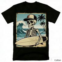 Vintage Skeleton Surfer Graphic T-Shirt Beach Wave Palm Tree Print Cotton Short Sleeve Casual Unisex Tee Retro Coastal Style Top S įvairiaspalvis