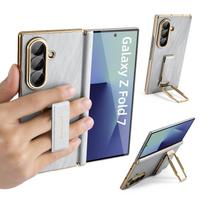 Oatsbasf Phone Case for Samsung Galaxy Fold 7 with Strap Stand Metal 360° Rotatable Fold 7 Leather Case Bumper Protective Cover Galaxy Z Fold7 sidabras