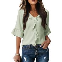 Women's V Neck Short Sleeve Ruffle Flare Sleeve Loose Casual Blouse Shirt S šviesiai žalios spalvos